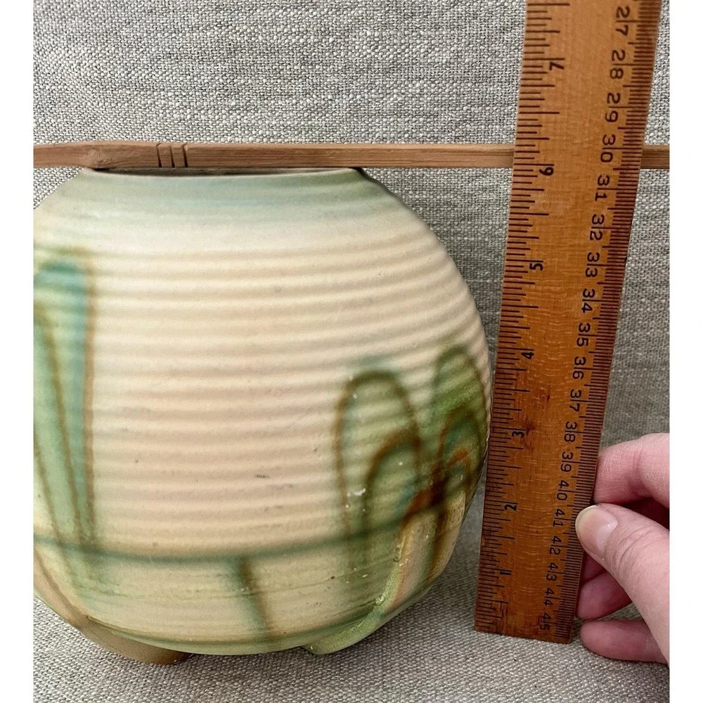 Antique German Art Pottery Ribbed Beehive Vase Green Cream Glaze Made in Germany